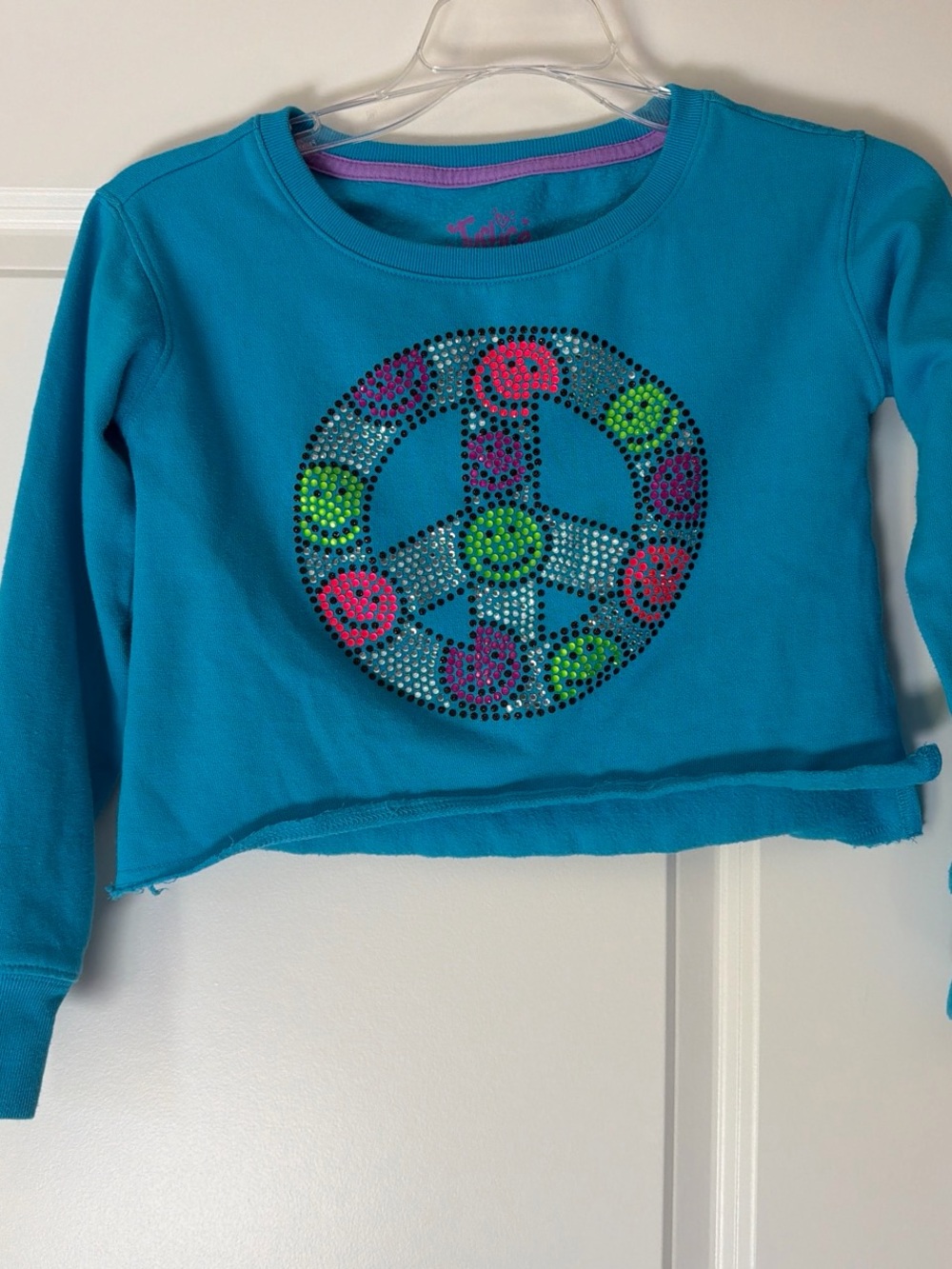 Justice Teal Long-Sleeve Crop Top with Rhinestone Peace Sign